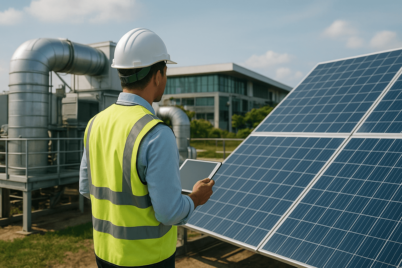 Engineer in a safety vest and hard hat using a tablet to inspect solar panels and HVAC systems at a modern green building site, symbolizing smart and sustainable mechanical contracting.