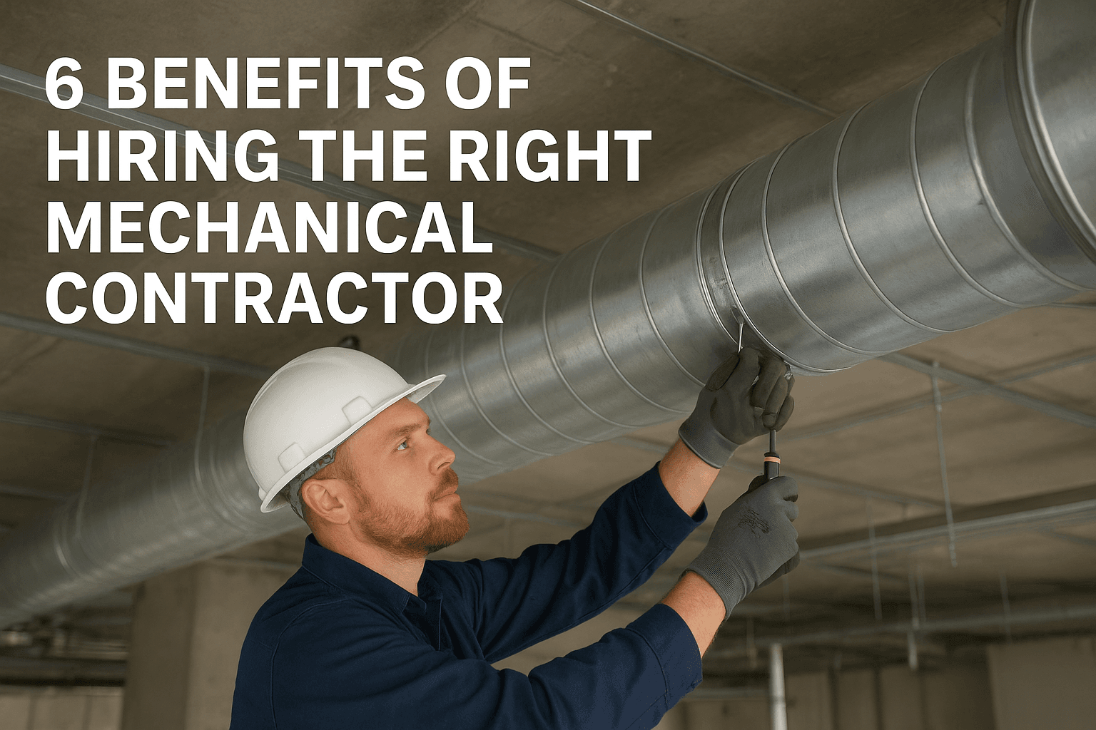 Mechanical contractor installing HVAC ductwork in a modern commercial building to improve energy efficiency and performance