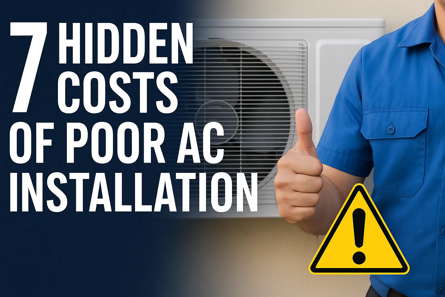 A professional HVAC technician inspecting an air conditioning unit after a poor AC installation to identify system inefficiencies and leaks.