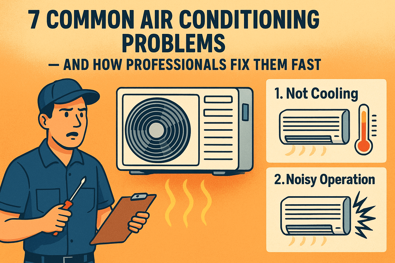"Technician repairing an air conditioning unit to solve common air conditioning problems quickly and efficiently"