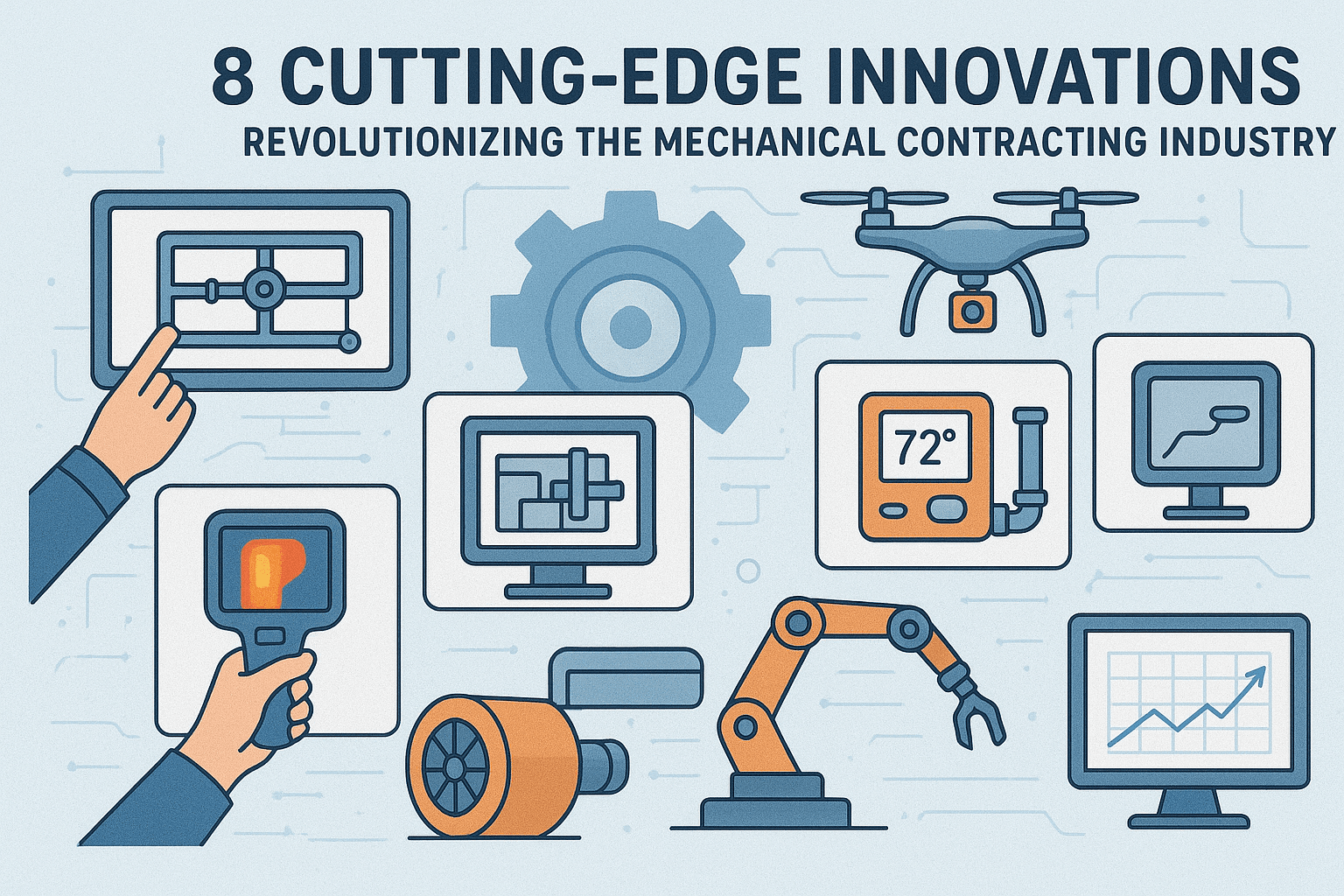 Illustration showing advanced technologies and tools representing modern innovations in the Mechanical Contracting industry.