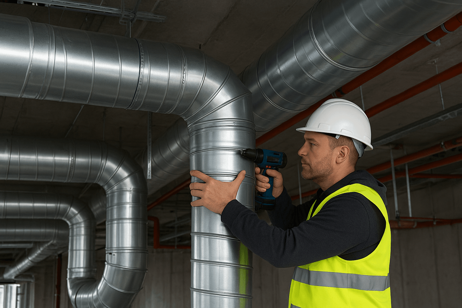 Professional mechanical contractors installing HVAC and plumbing systems inside a modern commercial building