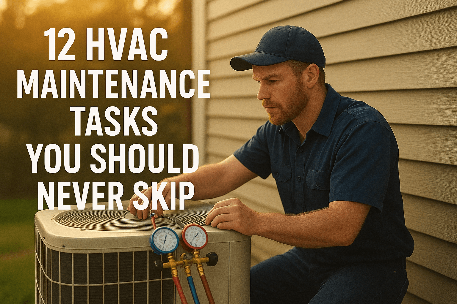 HVAC maintenance checklist with technician inspecting air conditioning and heating system for optimal performance