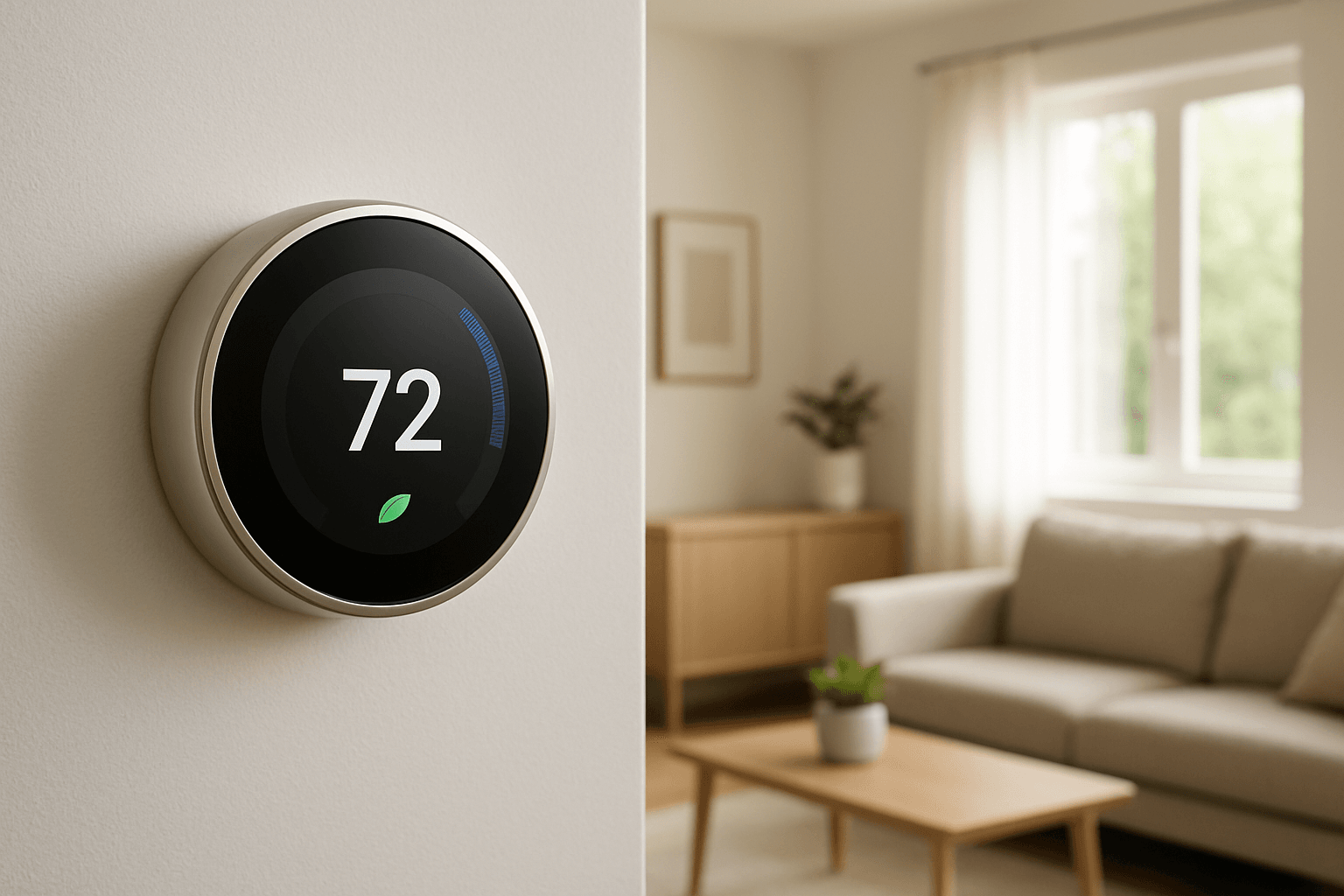 Modern smart thermostat mounted on a wall in a bright living room, showcasing home comfort and energy efficiency — Smart Thermostats.