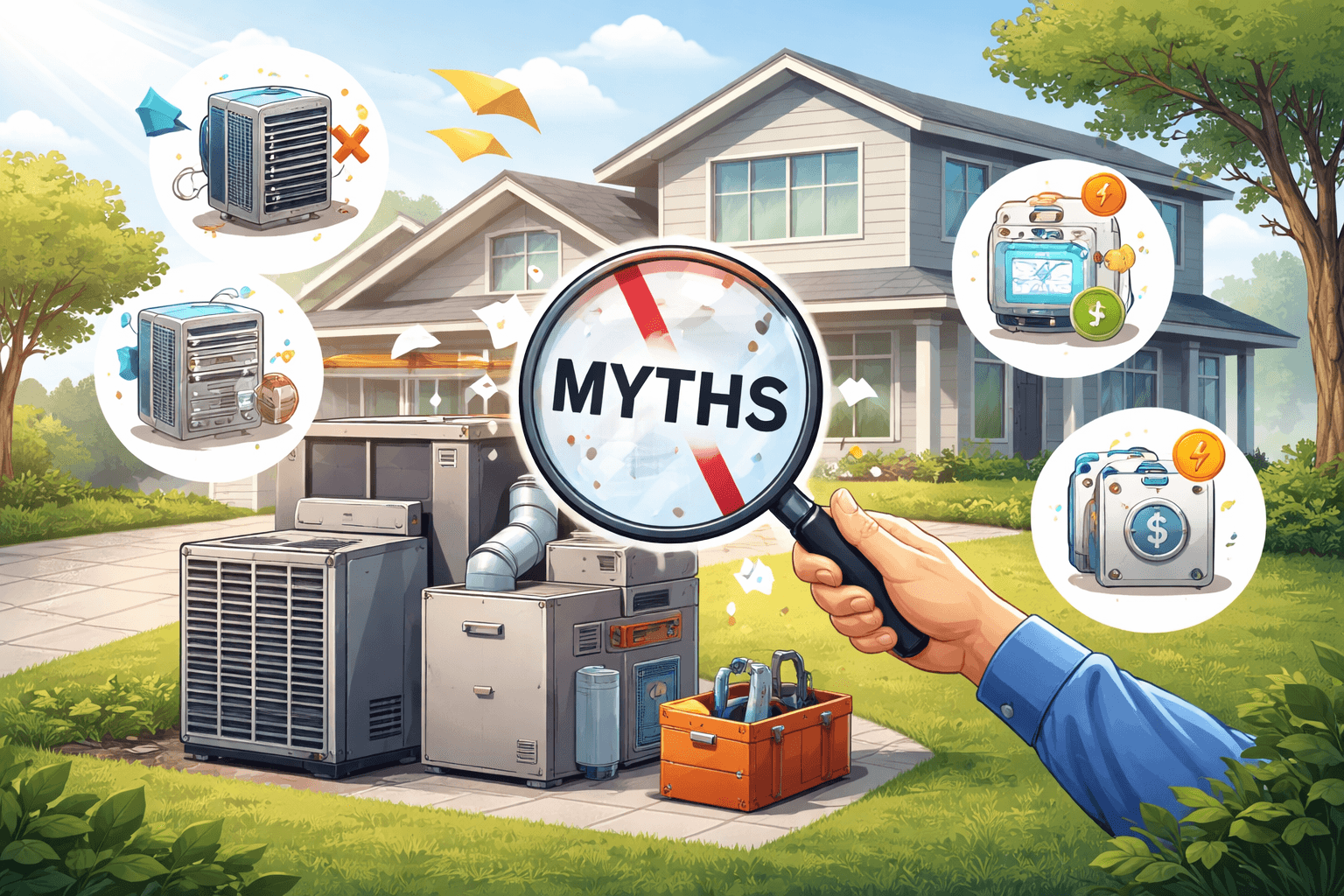 Illustration showing common HVAC Systems myths being debunked with a modern home in the background