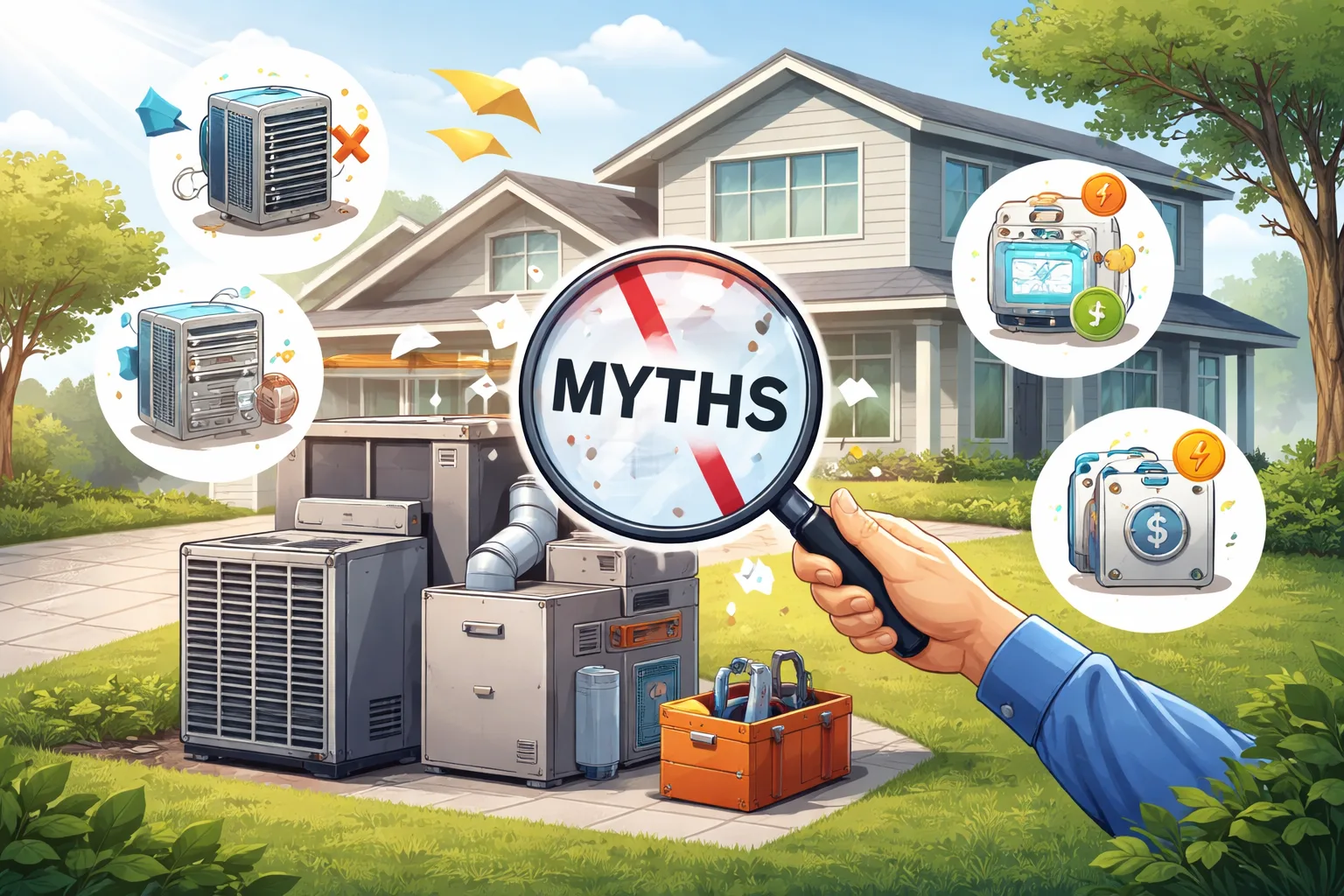 Illustration showing common HVAC Systems myths being debunked with a modern home in the background
