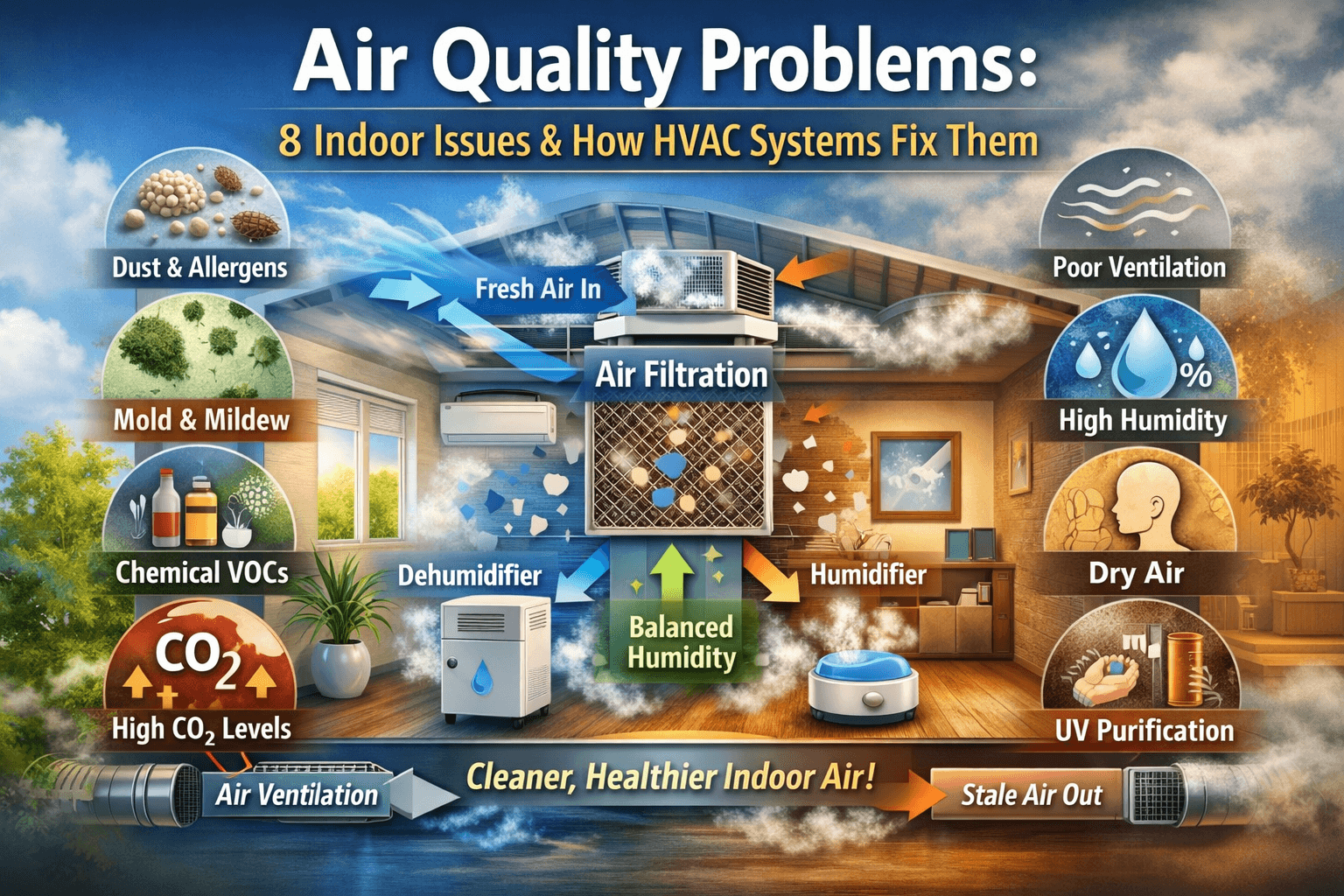 Air Quality Problems in indoor spaces with HVAC system improving ventilation, filtration, and humidity control