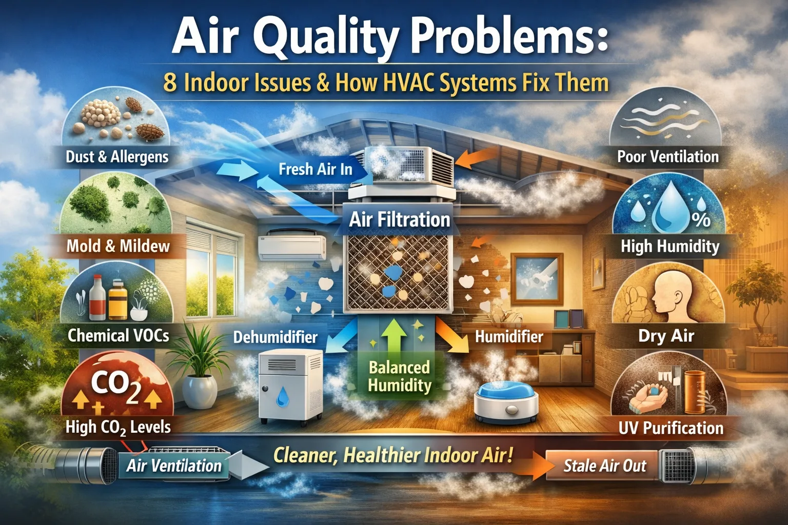 Air Quality Problems in indoor spaces with HVAC system improving ventilation, filtration, and humidity control