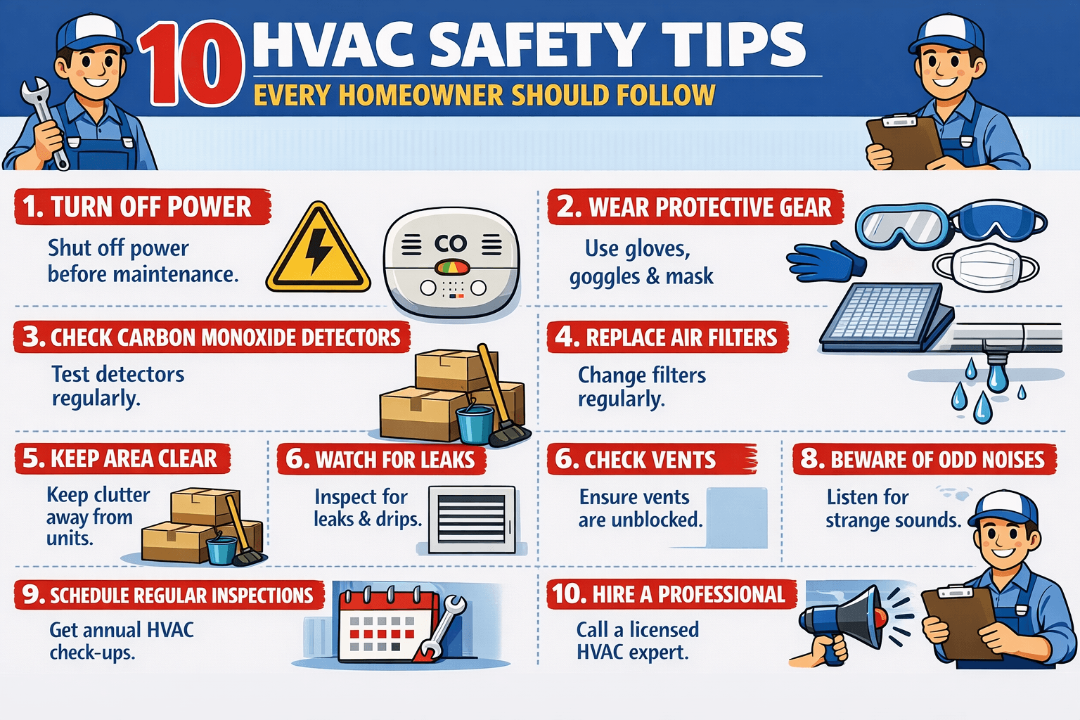 HVAC Safety Tips illustrated cover showing maintenance icons like air filters, vents, leak detection, protective gear, and professional HVAC inspection