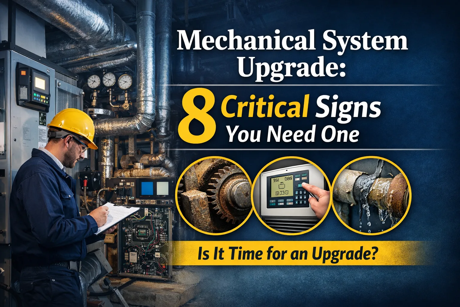 Mechanical System inspection in a commercial building, showing HVAC units, pumps, pipes, and control panels for system maintenance and upgrade.