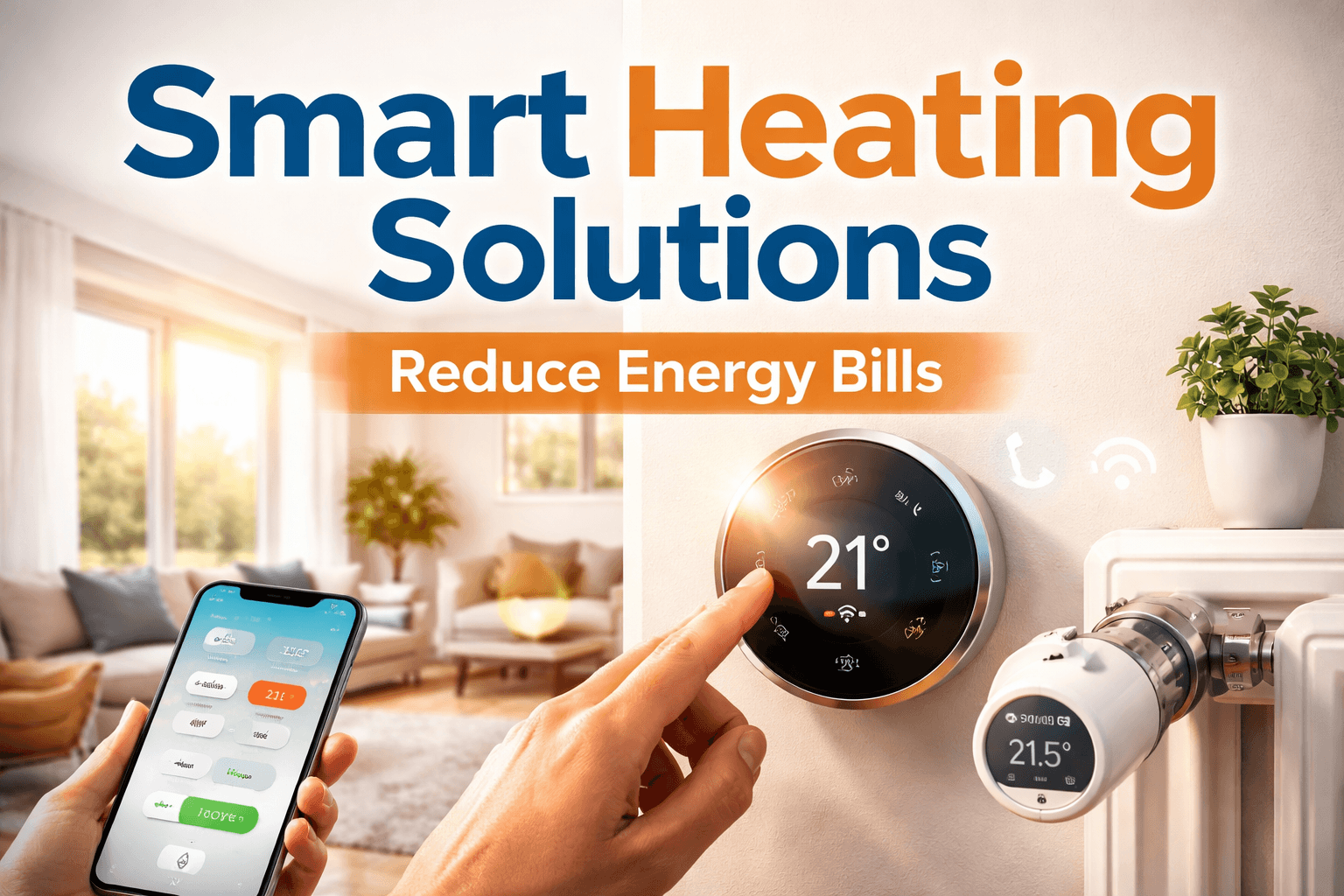 Smart Heating Solutions with thermostat and radiator valve in a modern living room for energy savings
