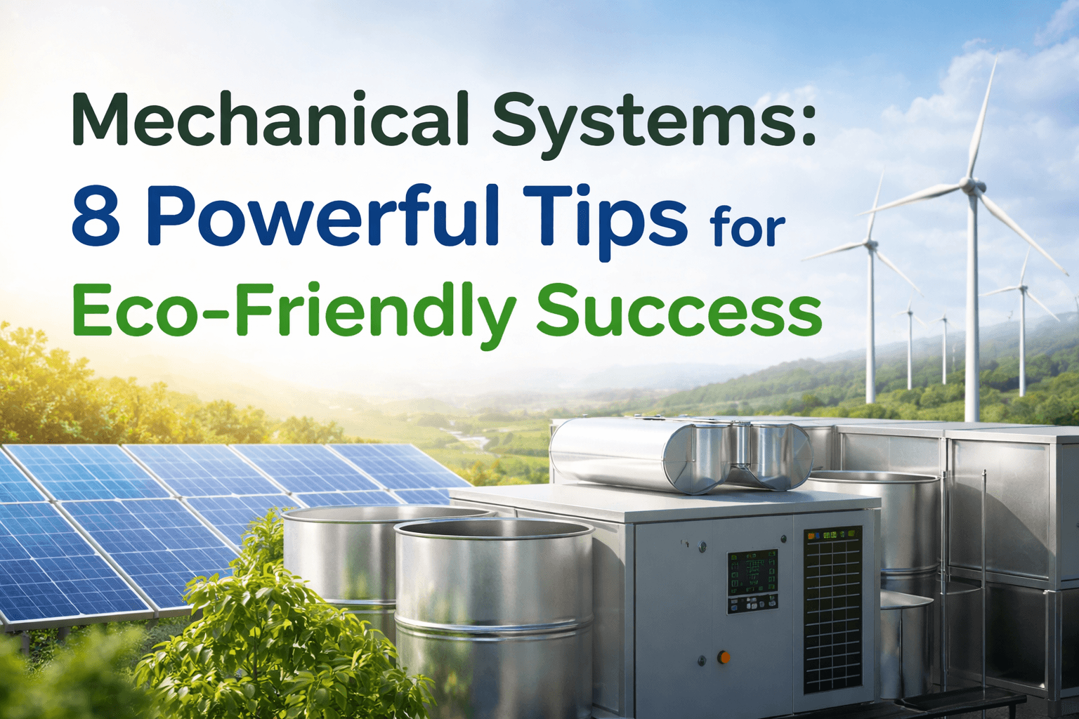 Mechanical Systems in a sustainable building: eco-friendly HVAC, solar panels, and wind turbines promoting energy efficiency
