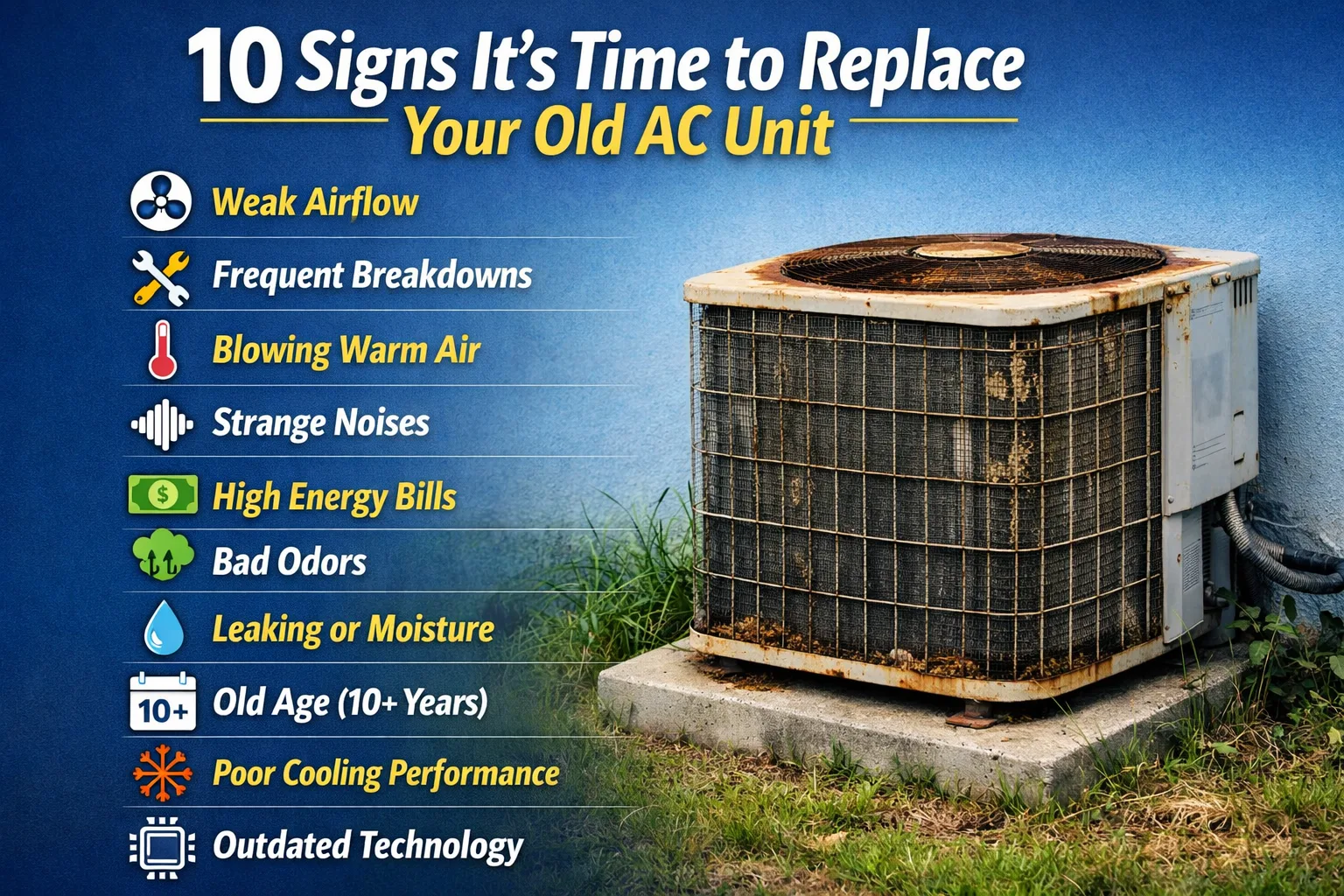 Old AC Unit showing visible rust, wear, and outdated cooling technology outside a residential home