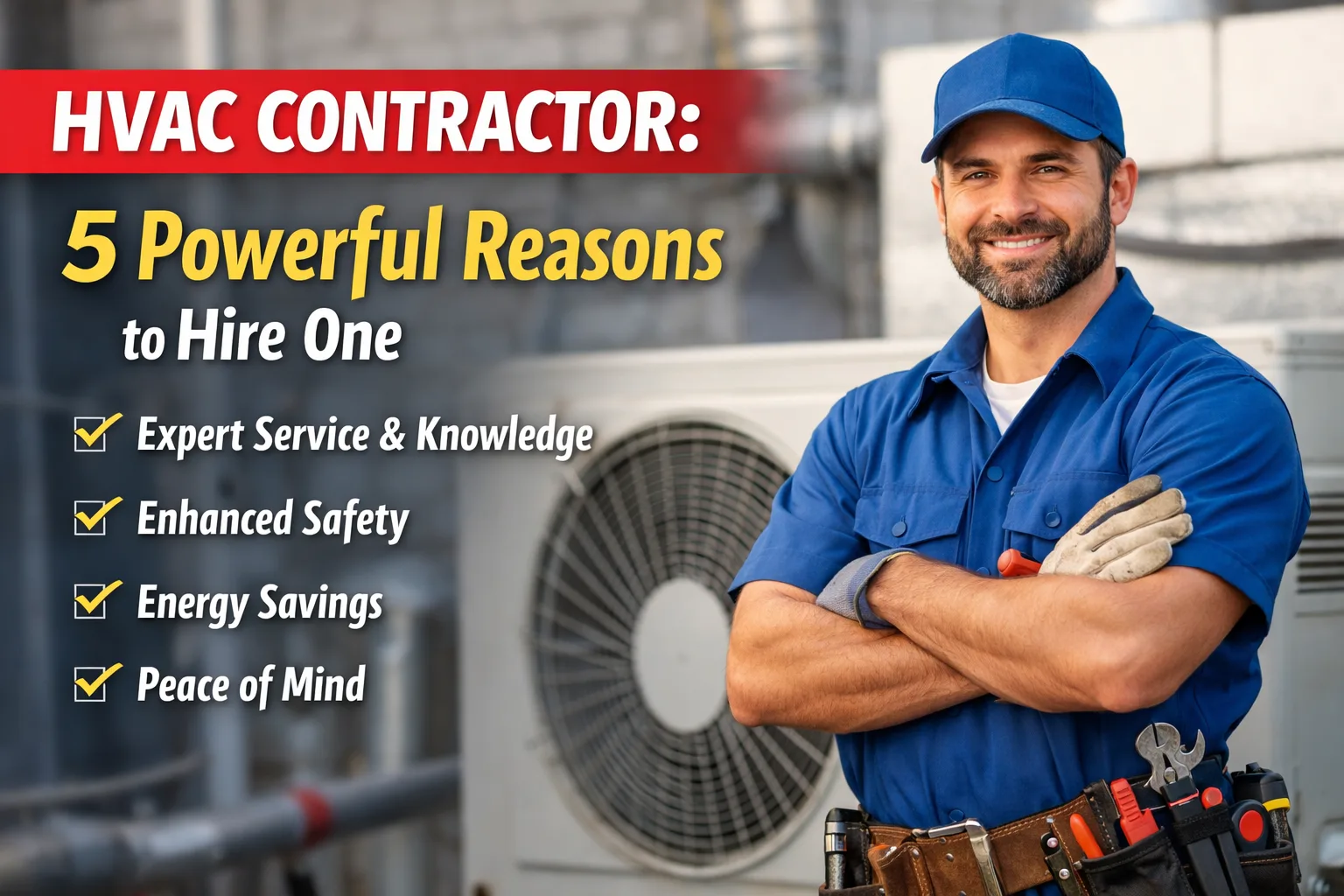 HVAC contractor in uniform working on an air conditioning unit, demonstrating expertise and safety with tools and diagnostics