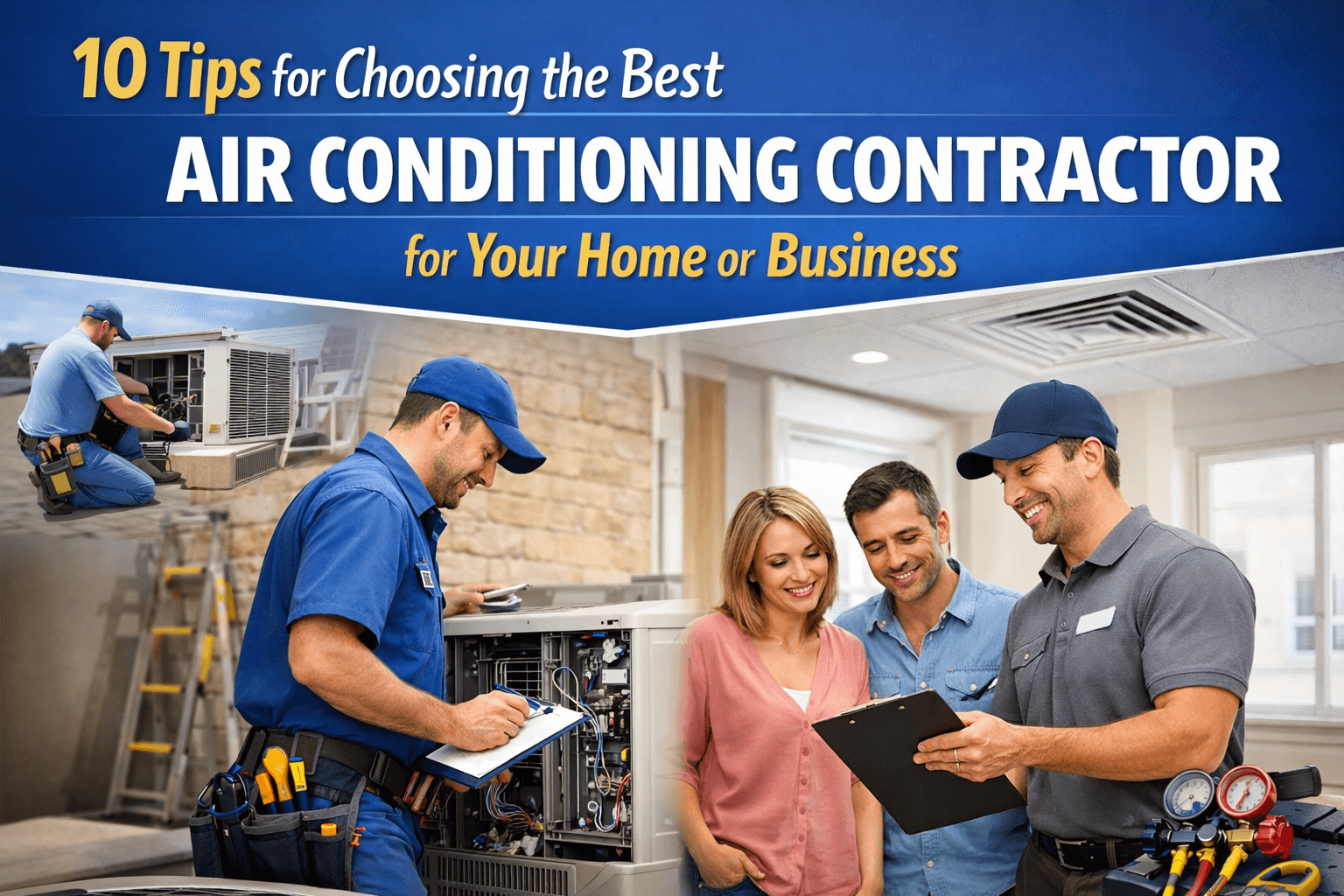 Air Conditioning Contractor consulting with homeowners while inspecting an indoor and outdoor AC system installation.