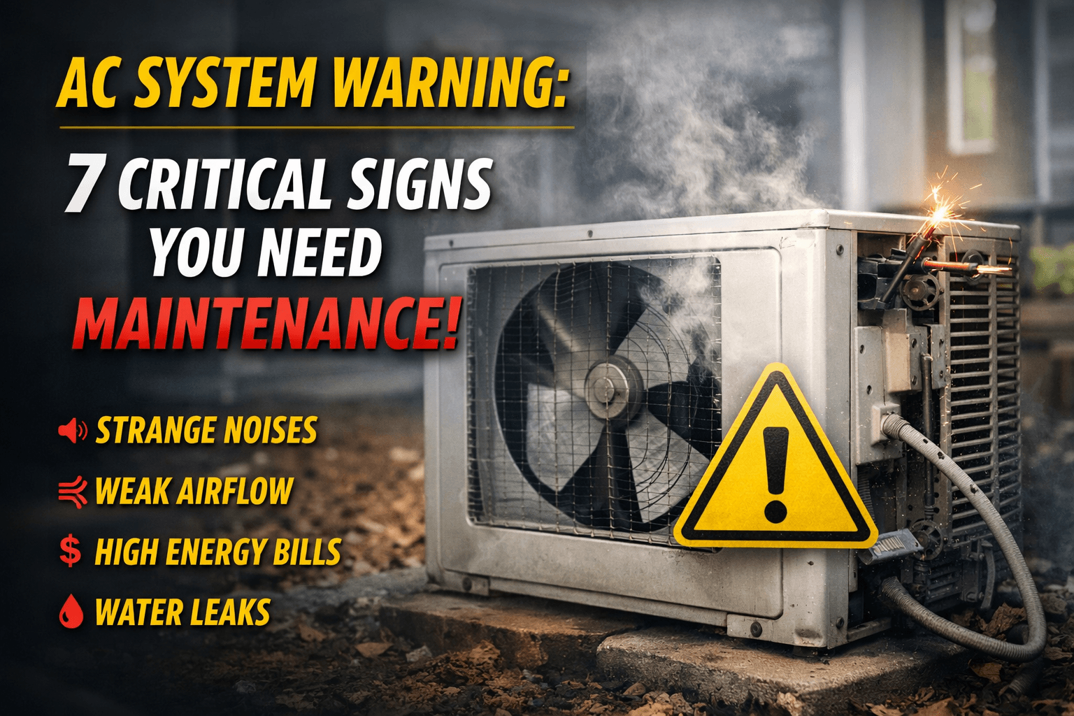 AC System warning showing unusual noises, weak airflow, high energy bills, and water leaks