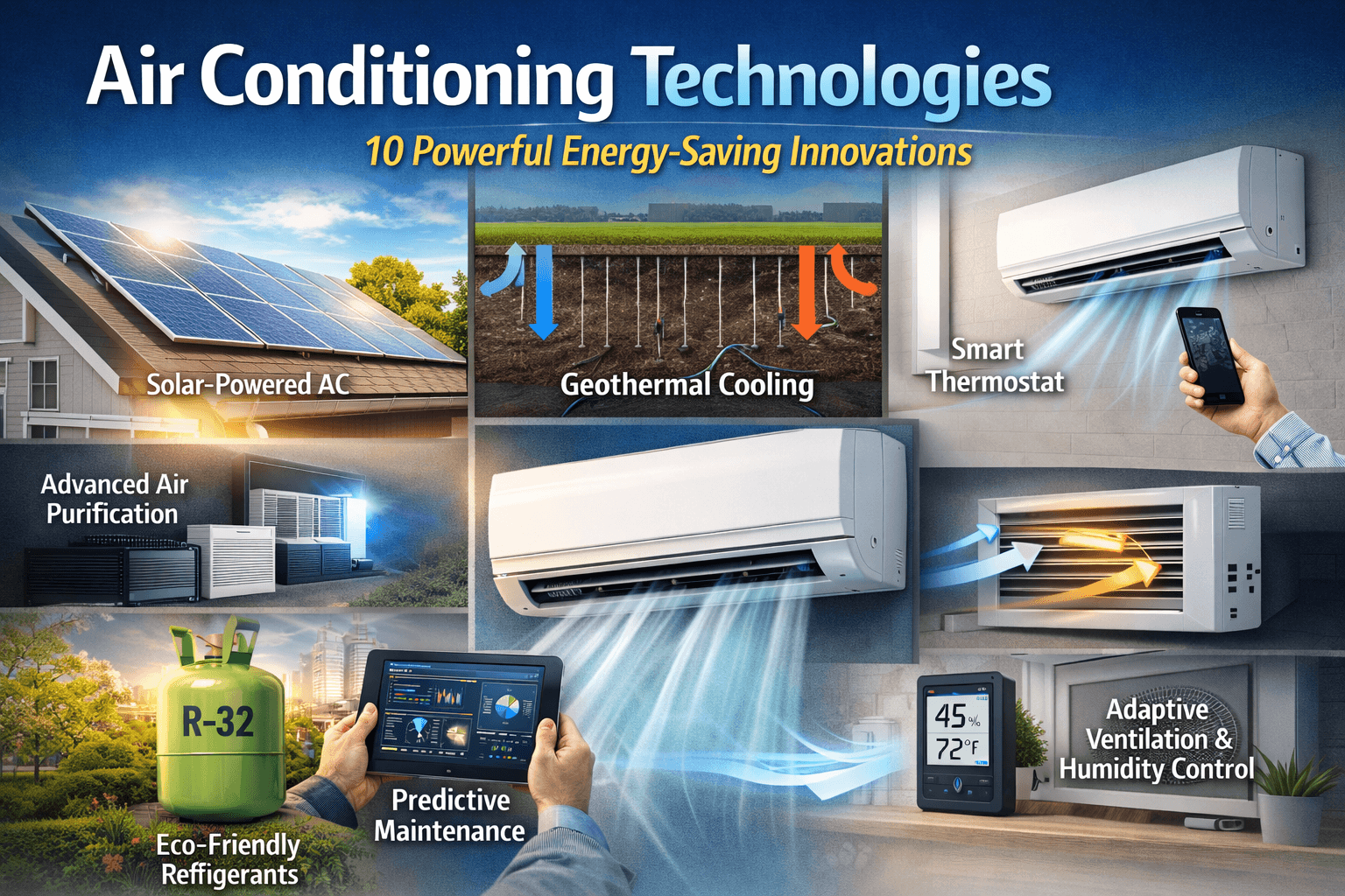 Air conditioning technologies infographic showcasing 10 latest innovations, including solar-powered AC, geothermal cooling, smart thermostats, advanced air purification, eco-friendly refrigerants, adaptive ventilation, and predictive maintenance.