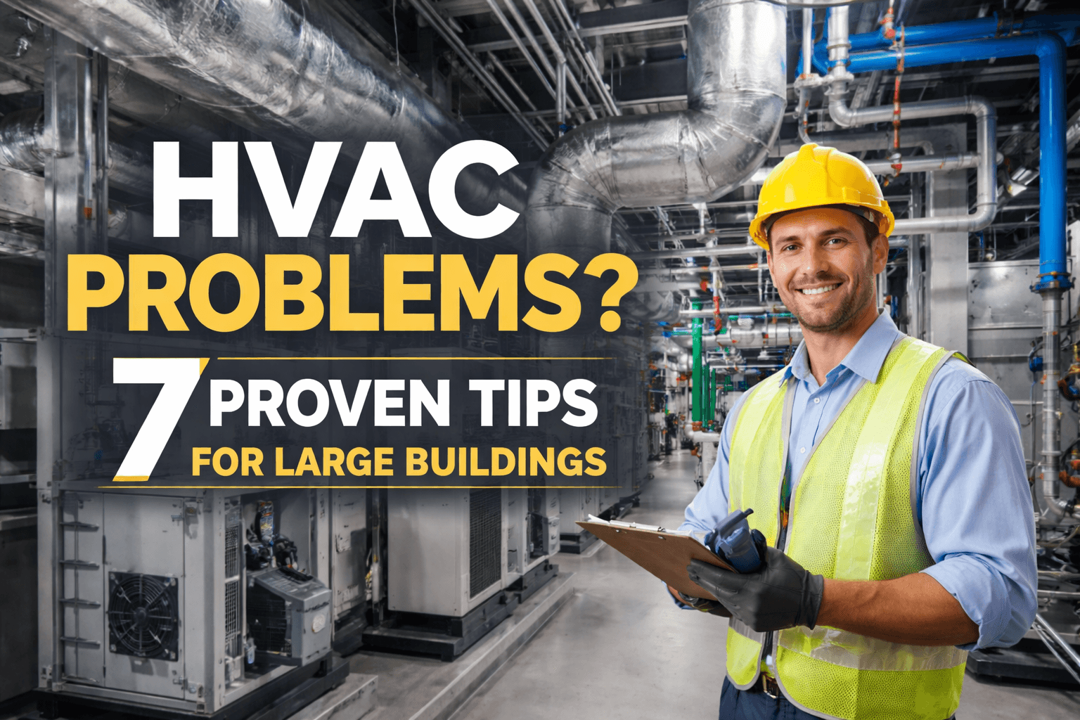 HVAC Problems: Technician inspecting HVAC equipment in a large building mechanical room