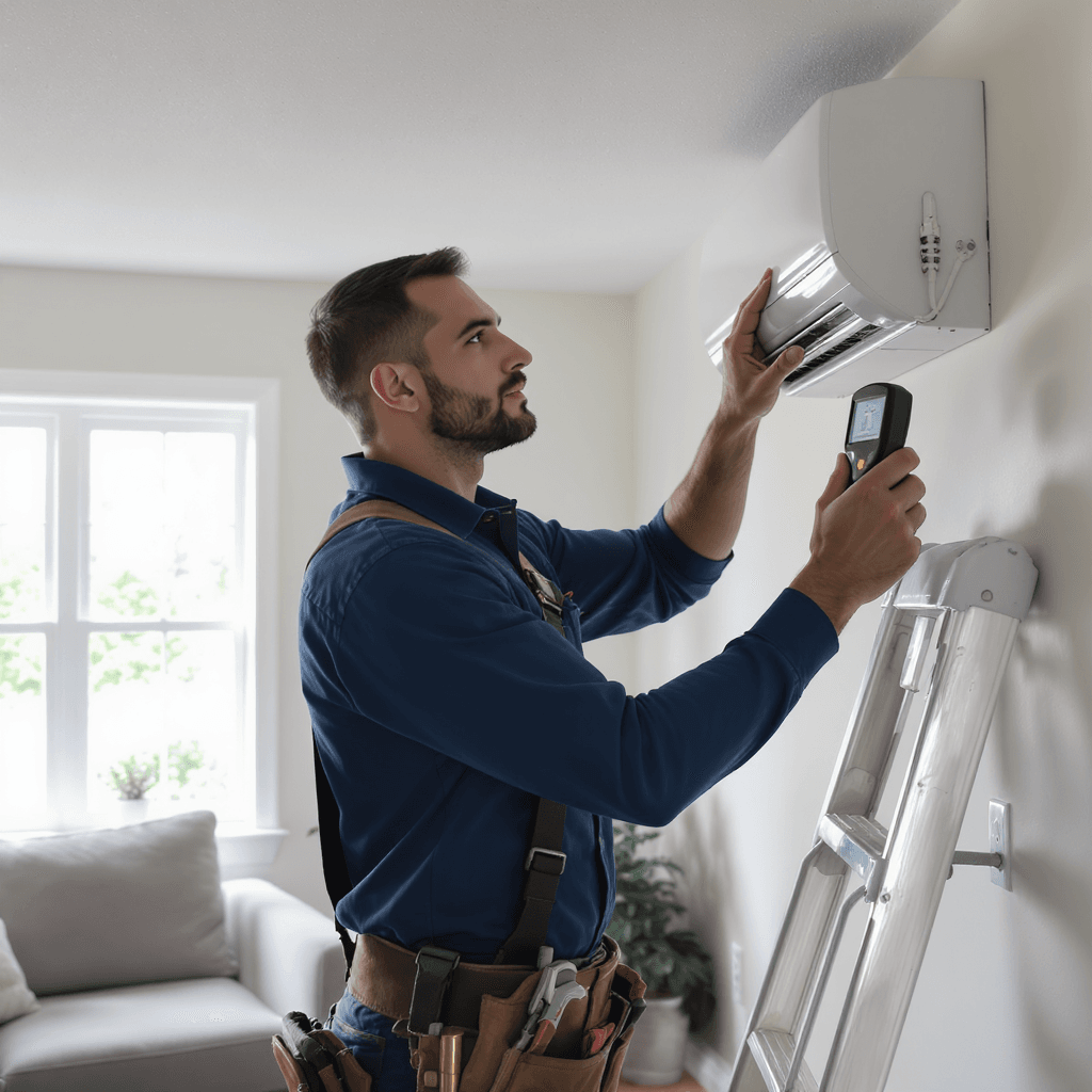 Professional AC Contractor inspecting an air conditioning system to improve indoor air quality
