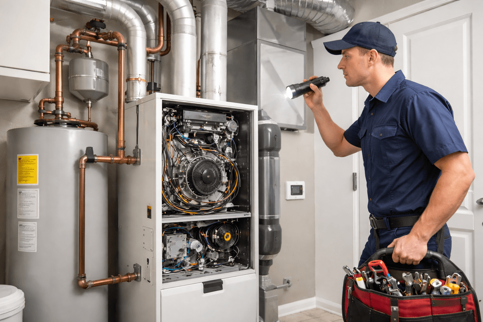 Heating System inspection by a professional technician examining the furnace and ductwork in a home utility room.
