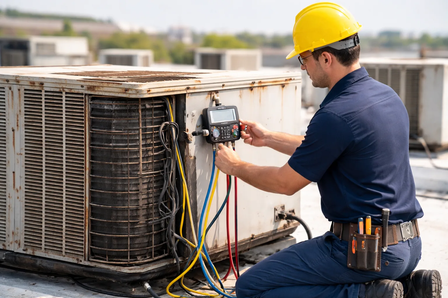Old HVAC System inspection by a technician on rooftop unit