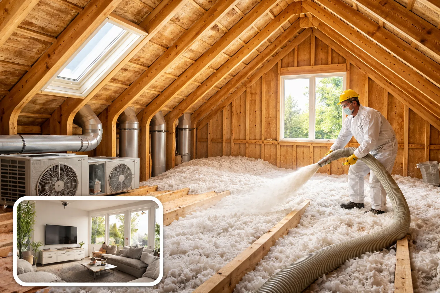 Efficient Cooling achieved with thermal insulation in an attic, reducing heat transfer and improving energy efficiency