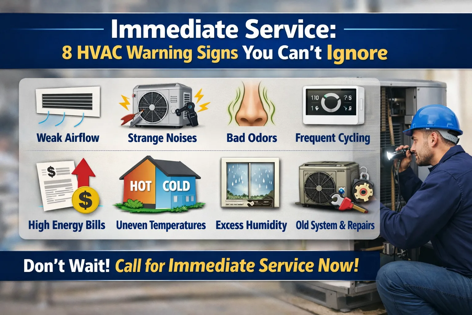 Immediate Service: HVAC technician inspecting a unit for 8 warning signs of system failure