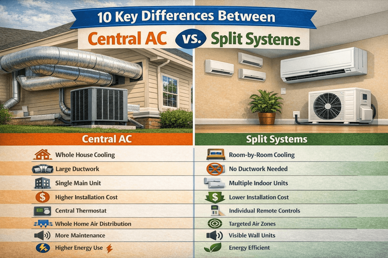 Central AC and Split Systems comparison showing ducted Central AC on the left and wall-mounted Split AC units on the right, highlighting differences in cooling setup and design.