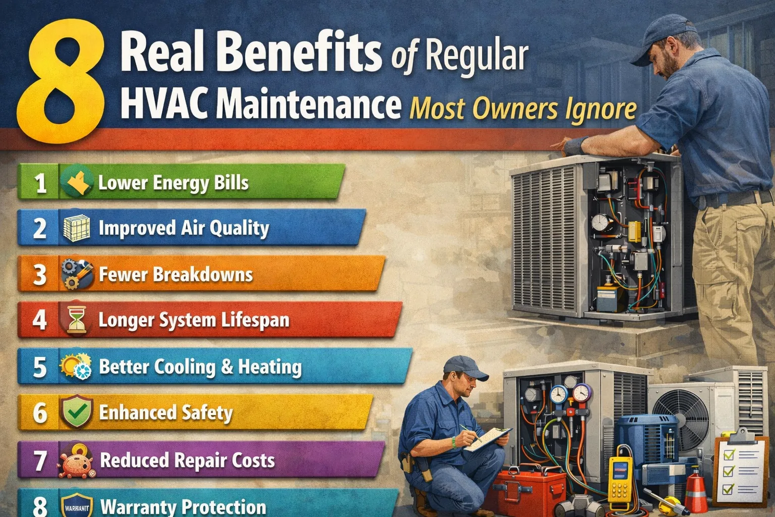HVAC Maintenance illustration showing a technician inspecting an air conditioning unit with icons representing 8 key benefits like lower energy bills, improved air quality, and system longevity.