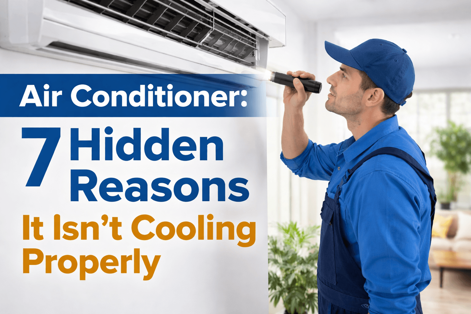 HVAC technician inspecting an air conditioner in a modern living room to identify cooling problems