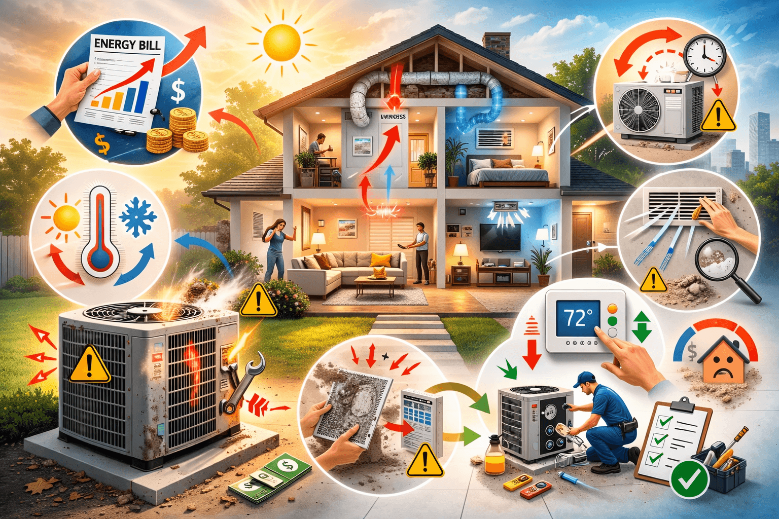 HVAC System efficiency issues in a modern two-story home, showing airflow, thermostat adjustments, and energy waste.