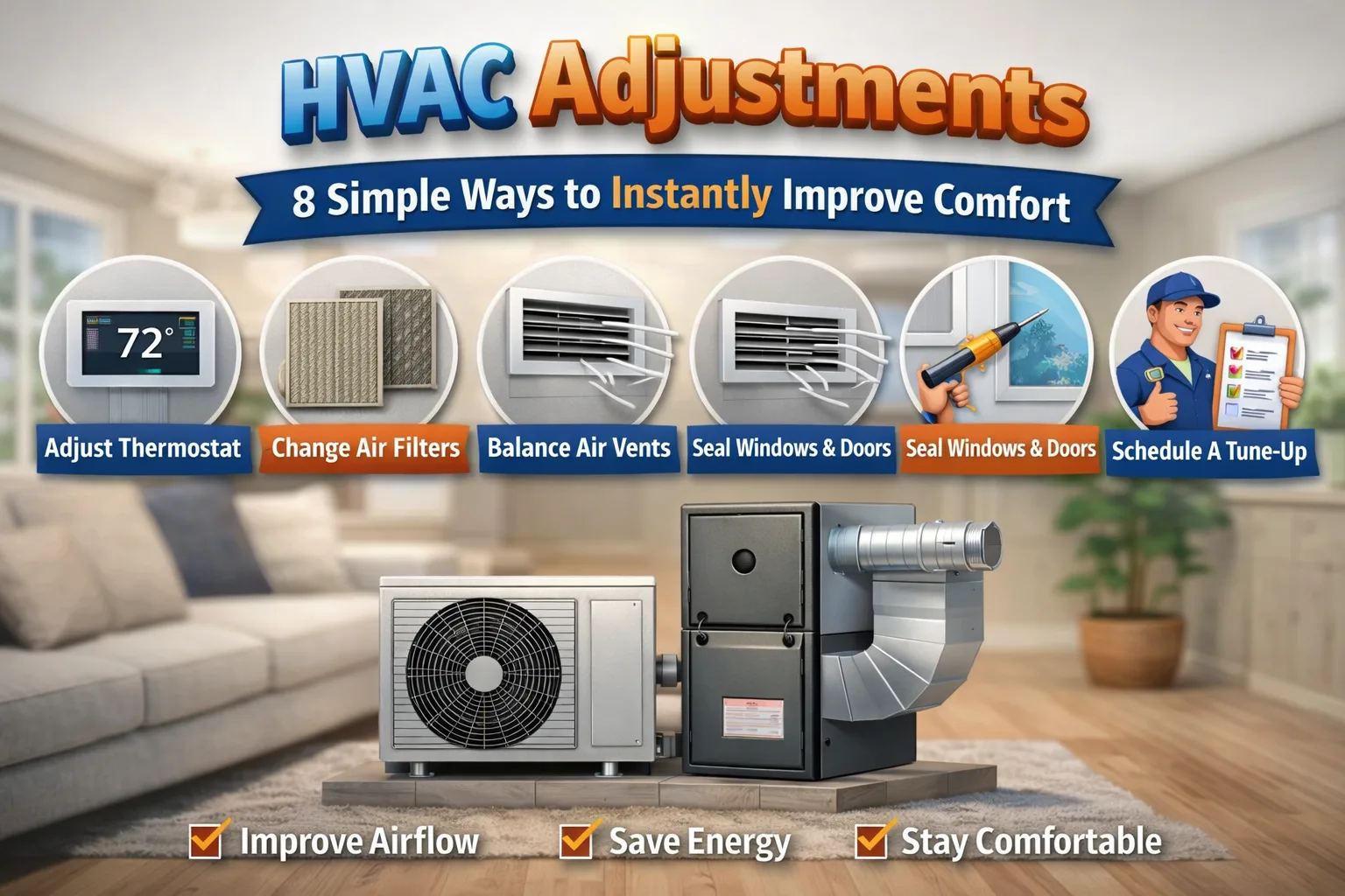 HVAC Adjustments: Illustration showing 8 key ways to improve home comfort, including thermostat, vents, filters, and duct maintenance
