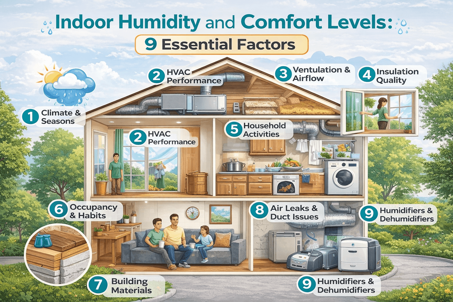 Indoor Humidity and Comfort Levels illustrated in a modern living room with airflow and humidity control icons.