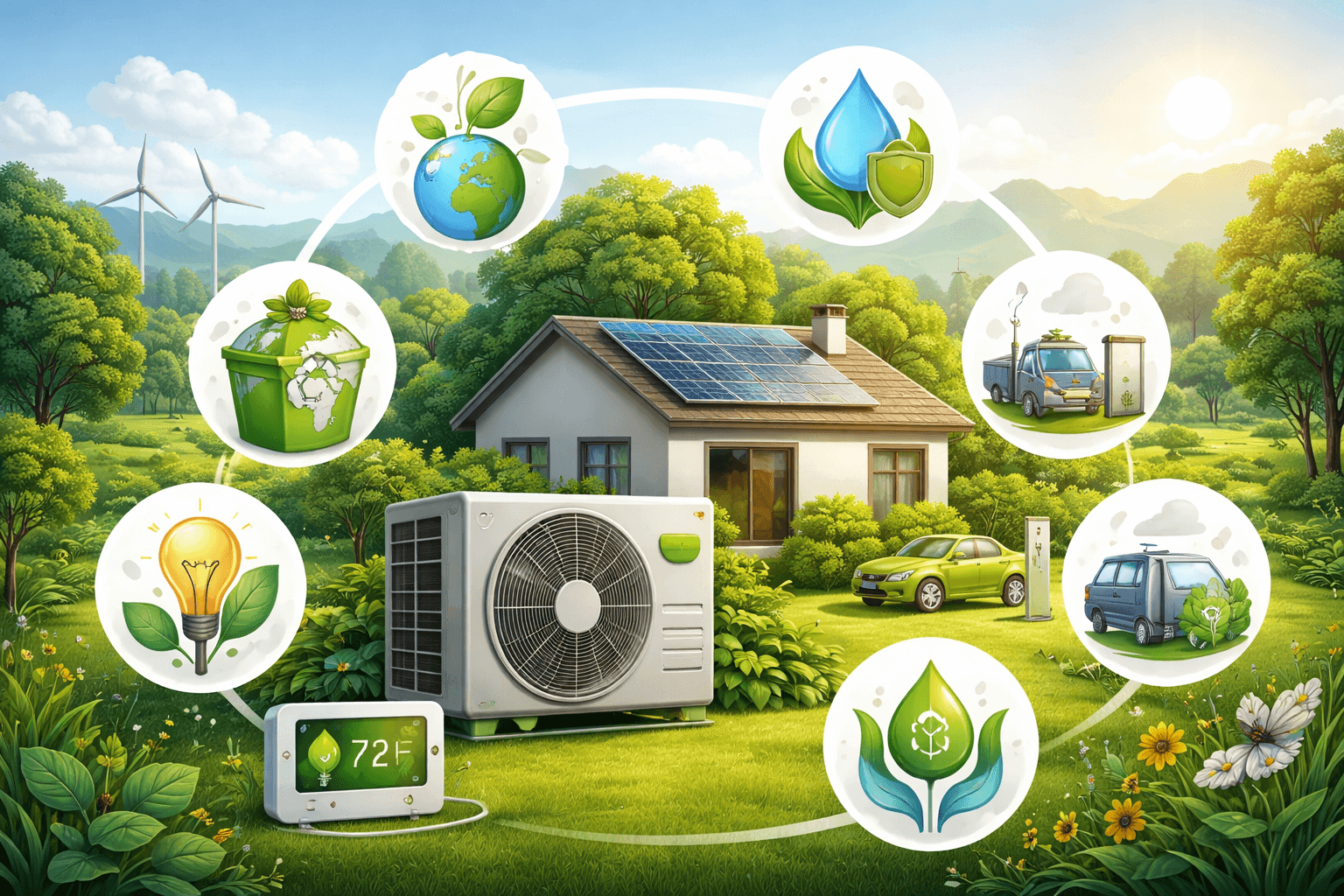 Modern HVAC eco-friendly system installed outside a sustainable home with solar panels and green energy landscape