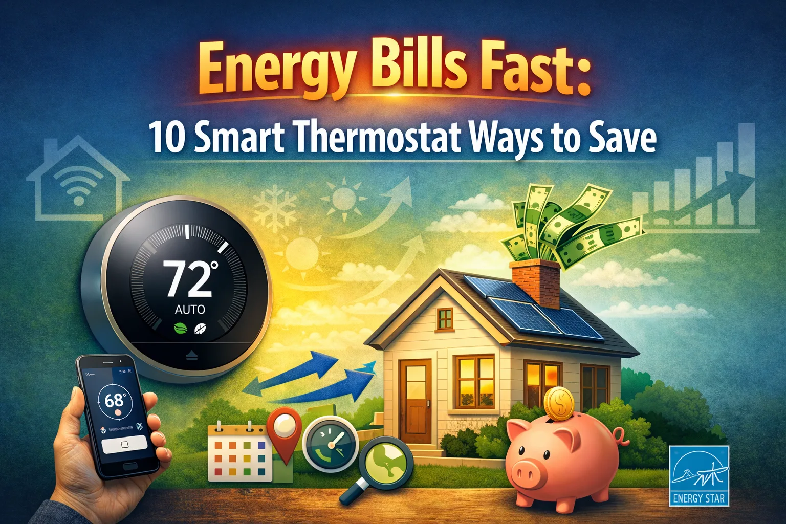 Energy Bills Fast concept showing a smart thermostat, smartphone app, and energy-efficient home to illustrate ways to save on heating and cooling costs.