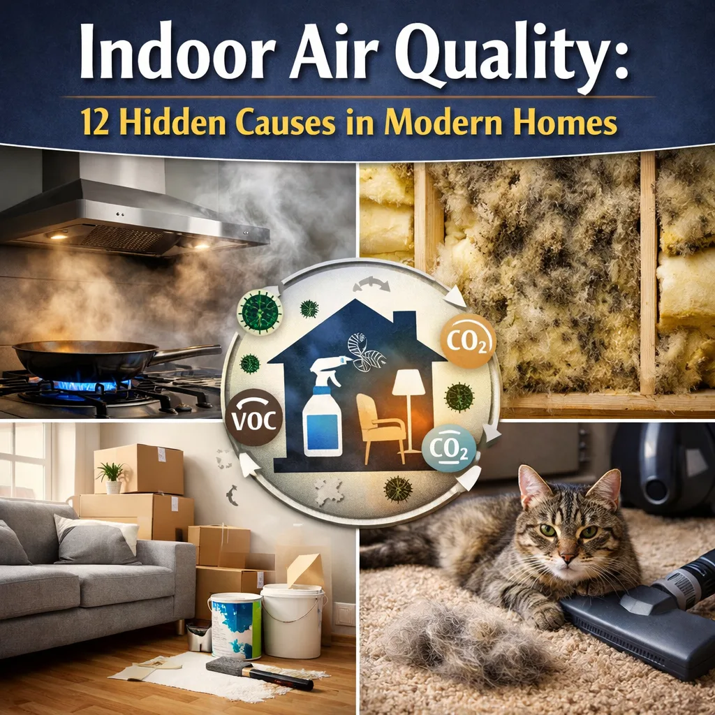 Indoor Air Quality: Visualizing 12 Hidden Causes in Modern Homes including gas stoves, mold, furniture VOCs, and pet allergens